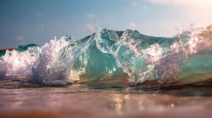 Poster - Captivating ocean wave breaking gracefully on the shore with vibrant turquoise hues and sunlit spray creating a dynamic and refreshing coastal scene of nature