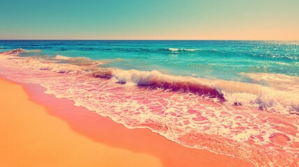 Poster - Serene beach scene with turquoise water and soft pink sand creating a tranquil and inviting atmosphere perfect for vacation dreams and coastal relaxation under a clear sky