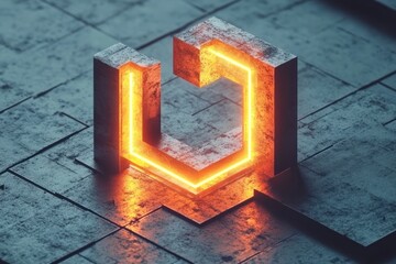 Poster - glowing neon orange letter j inside a stone structure.