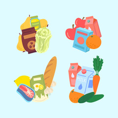 Poster - Cartoon Color Different Types Cooking Ingredients with Foodstuff Set Grocery Concept Flat Design Style Include of Drink, Fruit and Vegetables. Vector illustration