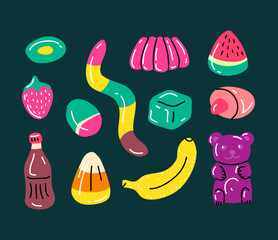 Poster - Cartoon Color Different Types Gummy Jelly Candy Icon Set Flat Design Style Concept. Vector illustration of Gum Dessert