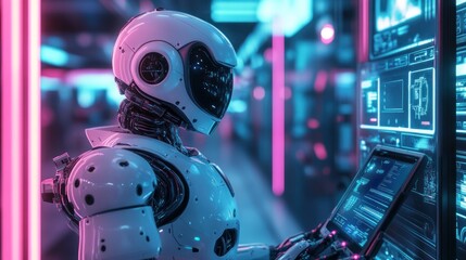 Poster - Futuristic robot working at a digital control panel in a neon-lit environment.