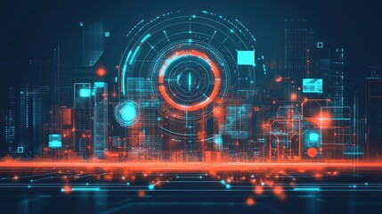 Poster - Futuristic cityscape with digital interface overlay, glowing neon lights and technological elements.