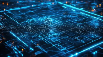 Fototapete - Futuristic digital sphere on glowing circuit board.