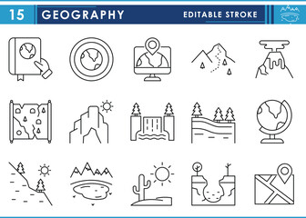 Fototapete - A set of line icons related to Geography. Landscape, location, river, stream, globe, book, and so on. Vector editable stroke.