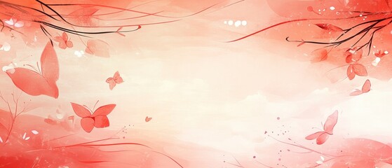 Poster - Ethereal coral butterfly garden with delicate floral accents and soft watercolor texture creating a dreamy and romantic ambiance for spring themed designs