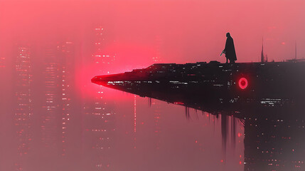 Poster - Silhouette figure overlooking futuristic cityscape
