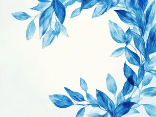 Poster - Elegant blue botanical watercolor leaves frame on white backdrop for invitations and cards