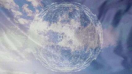 Fototapete - Digital data network mesh floating over soft clouds, using glowing nodes and geometric overlay