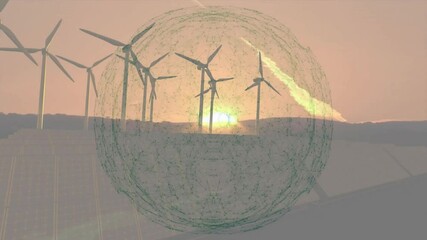 Poster - Wind turbines spinning along ridge, solar panels tracking sun, network overlay pulsing across scene