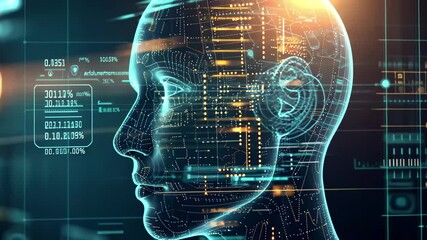 Aufkleber - Artificial intelligence analyzes complex data patterns in a futuristic environment, showcasing a digital representation of a human-like face against a backdrop of technology and light