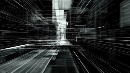 Poster - Abstract grayscale digital tunnel with lines and glowing light streaks.