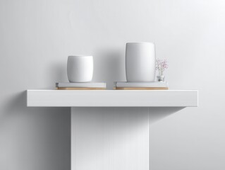 Poster - Serene Interior Still Life with White Ceramic Vases and Delicate Pink Flowers on a Minimalist Shelf Capturing Tranquility and Modern Aesthetic in Soft Light