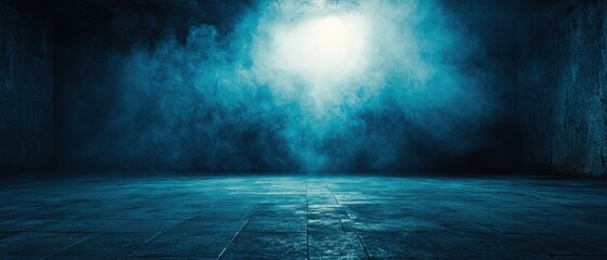 Poster - Mysterious stage background with blue smoke and light spot in a dark room with concrete floor and walls creating a dramatic atmosphere for artistic and creative projects