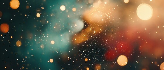 Poster - Ethereal abstract background featuring sparkling golden bokeh lights and soft teal hues creating a magical and festive atmosphere perfect for holiday themes
