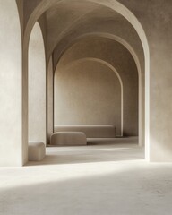 Poster - Serene interior featuring arched doorways and minimalist furniture bathed in soft light creating a peaceful atmosphere with a focus on architectural design and neutral tones