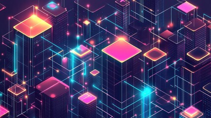 Poster - Isometric cyberpunk city glowing with neon lights and interconnected network.