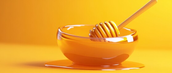 Poster - Golden honey in glass bowl with dipper on vibrant yellow background captures the essence of sweetness and natural goodness in a minimalist style studio shot