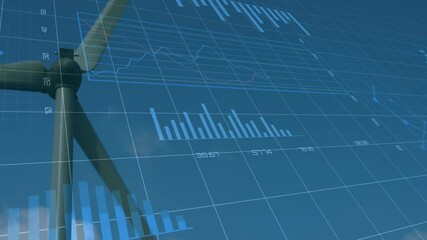 Poster - Wind turbine rotating in flat design, showing digital overlays with charts and data