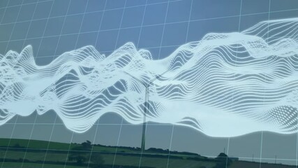 Poster - Wind turbine standing among fields while grid lines overlaying and digital waveform mapping wind