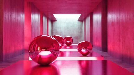 Poster - Pink spheres in a reflective, minimalist corridor.