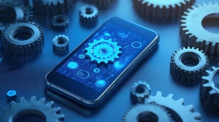 Smartphone with gear mechanism displayed on screen surrounded by metal gears.
