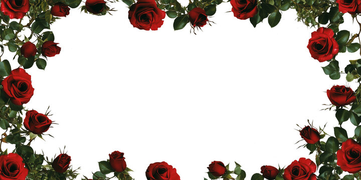 Red roses background decoration with copy space in the center, transparent background