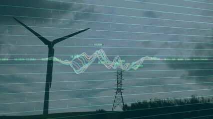 Poster - Wind turbine silhouette being animated against cloudy sky, displaying data graphs over flat grid