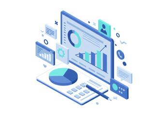 Poster - Isometric Illustration Of Data Analysis And Visualization On White With Blue Accents