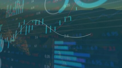 Poster - Financial dashboard showing turquoise candlestick bars moving with white and magenta line graphs