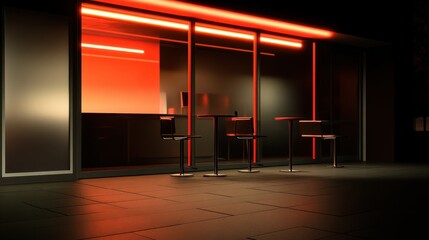 Poster - Modern architecture with neon lights illuminating empty chairs and tables at night creating a cinematic and stylish atmosphere with a dark background and low angle view