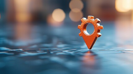 Poster - Icon Pin Location Industry Industrial themed pin location icon with a metallic texture and gear details, placed on a map of an industrial area, represents a factory, warehouse, or manufacturing plant