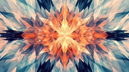 Poster - abstract symmetrical fractal art with orange and blue crystals.