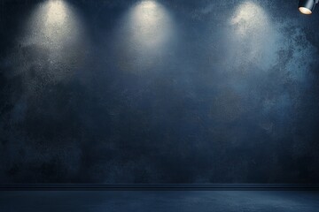 Poster - Moody dark blue wall with spotlight illumination creating a dramatic background for photography studio or product presentation with modern interior design and elegant texture