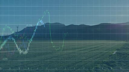 Poster - Financial overlay being visualized over farmland, showing wind turbines and candlestick charts