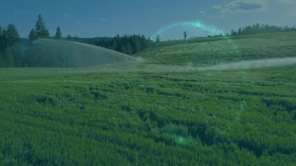 Poster - Flat design center-pivot irrigation system spraying water across field, showing digital data waves