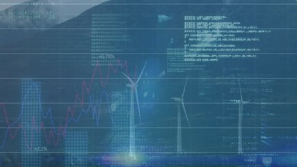 Poster - Wind turbines rotating in mountainous landscape, displaying translucent data graphs, code overlays