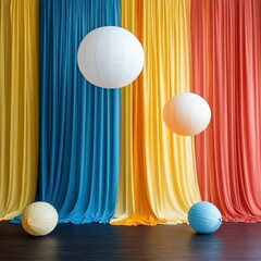 Poster - Vibrant Backdrop with Colorful Curtains and Floating Paper Lanterns for Festive Celebration Background