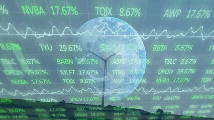 Poster - Wind turbine silhouette floating over hill, showing globe overlay with stock tickers in flat design
