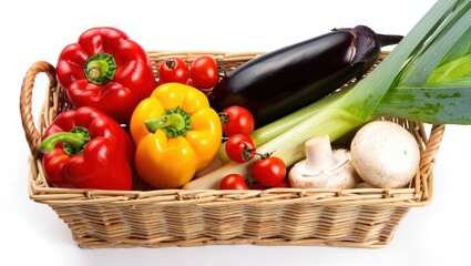 Poster - A woven basket filled with fresh vegetables including red peppers, yellow squash, green onions, purple eggplant, and white mushrooms.