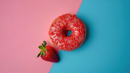 Poster - A donut with red sprinkles and a strawberry next to it on a colorful background.
