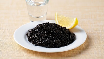 Aufkleber - A white plate holds black caviar and a lemon wedge.