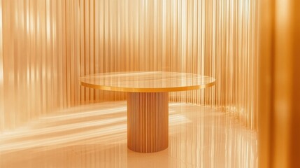 Aufkleber - Elegant golden cylinder table on reflective surface with vertical lines background, soft lighting, luxury product showcase, minimalist design, studio shot, warm tone