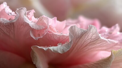 Poster - Delicate pink flower petal with water droplets in soft light creating a serene and romantic close up macro shot for floral beauty and nature photography