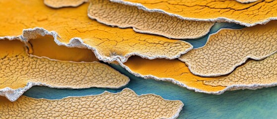 Poster - Abstract aerial view of textured yellow and tan formations with intricate patterns and blue background creating a unique and captivating landscape showcasing natural beauty