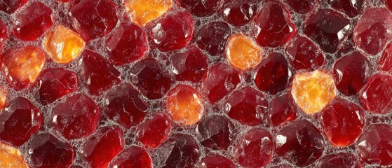 Poster - Captivating close up of vibrant ruby red and amber orange glass gems creating a mosaic pattern with a wet surface for a luxurious and artistic background texture