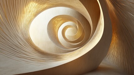 Poster - Abstract spiral staircase with gold accents and beige walls.