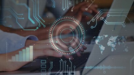 Aufkleber - Hands typing on laptop showing flat design interface with HUD circle, charts, map and waveforms