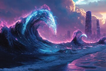 Poster - Futuristic waves create a mesmerizing digital landscape with city skyline illuminated at dusk, Futuristic Waves A Digital Landscape