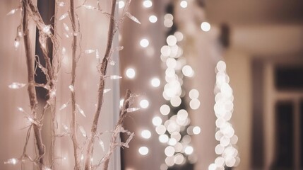 Aufkleber - Enchanting luminous fairy lights adorn delicate branches creating a magical and festive atmosphere with soft bokeh background and warm pastel tones in cozy interior